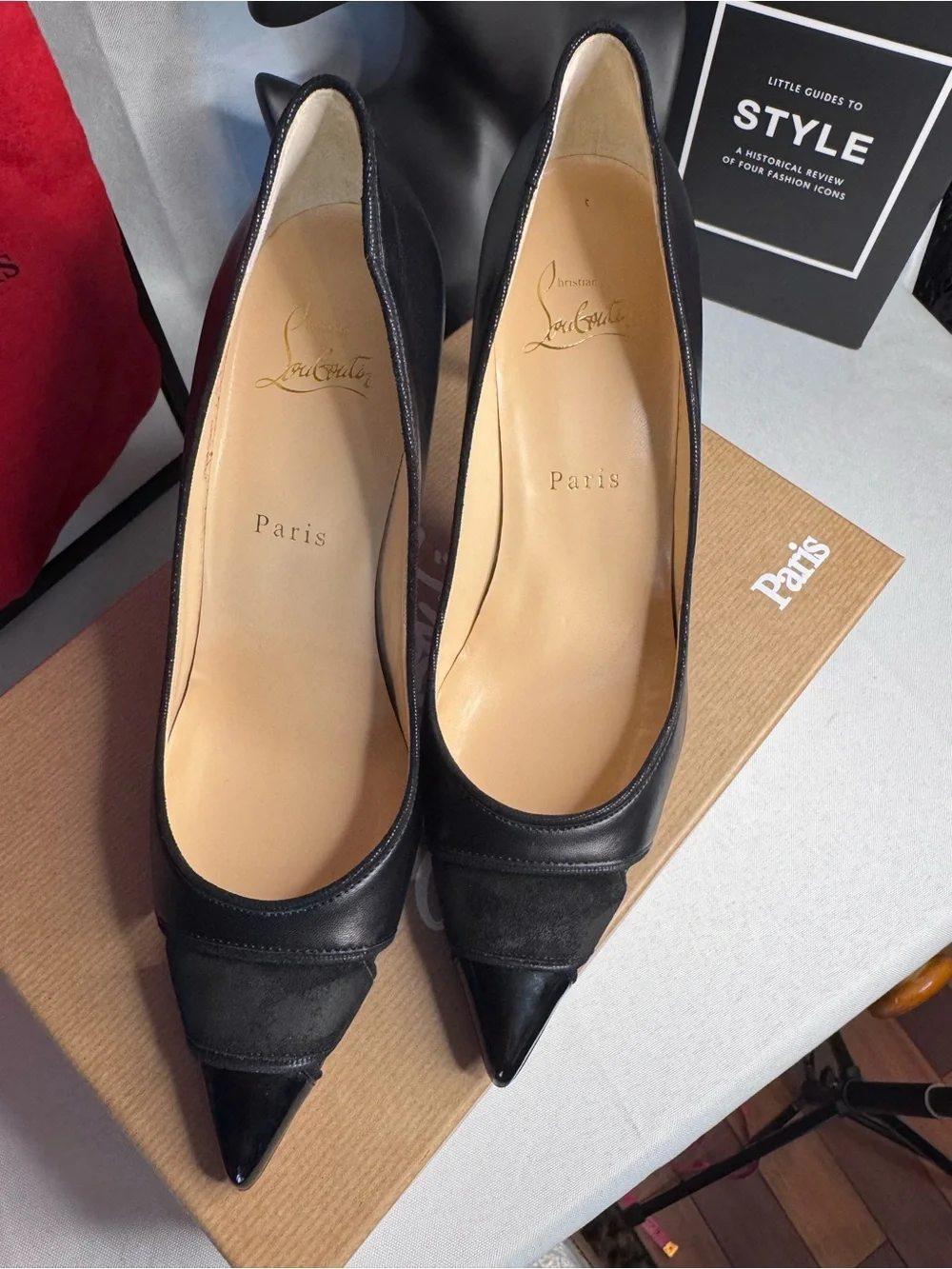 Christian Louboutin Biblio Black Cut Out Pointed Toe Leather & Suede Pumps